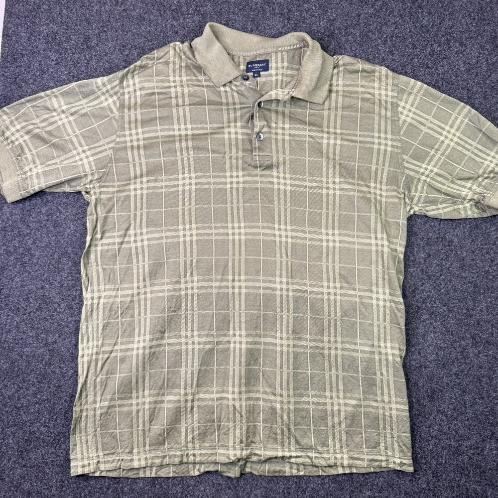 Burberry Golf Polo Shirt Mens XL Made Italy Plaid Check Olive Green Vintage